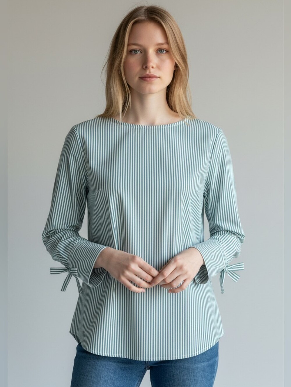 Talbots Cotton Blend Striped Tie Cuff Blouse in Green & White Size Small
